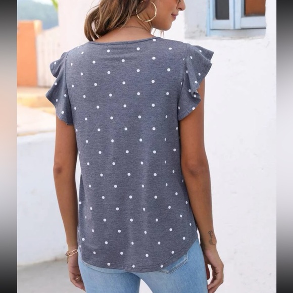 Boho polka dots print butterfly sleeve blouse dusty blue - Picture 2 of 11